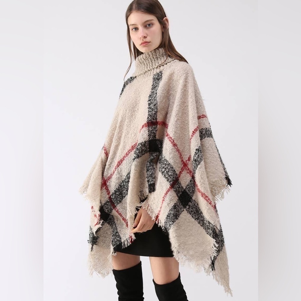 𝅺CHICWISH Women's Cape Shaggy Knit Fringe Black and Red Plaid One Size Fits All